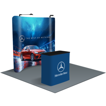 Tension fabric backdrop stand with custom Mercedes-Benz graphics and matching counter display for trade shows and events